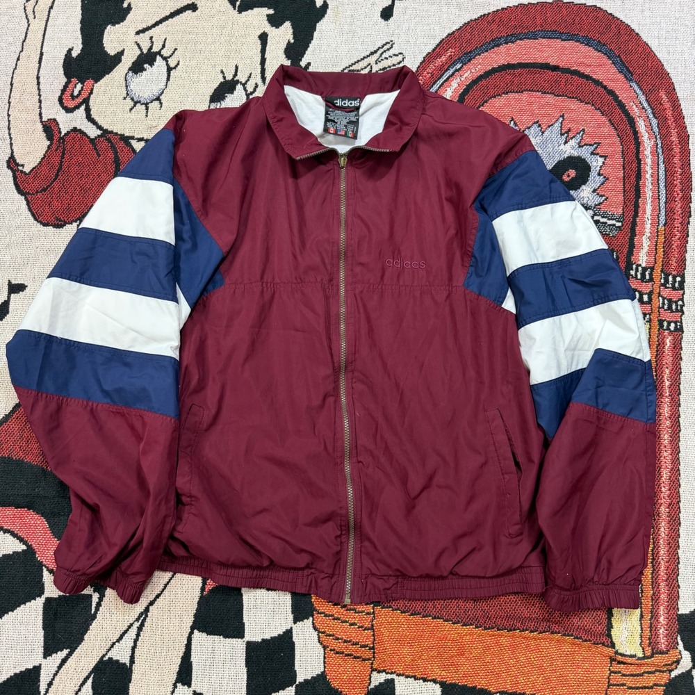 Vintage Adidas Windbreaker Jacket Mens Large Burgundy Navy Blue Colorblock Zip